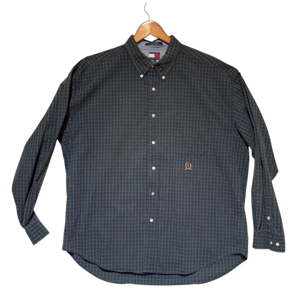 Tommy Hilfiger Men XXL Black Watch Tartan Plaid Shirt Vintage Crest Logo Cotton - Picture 2 of 10